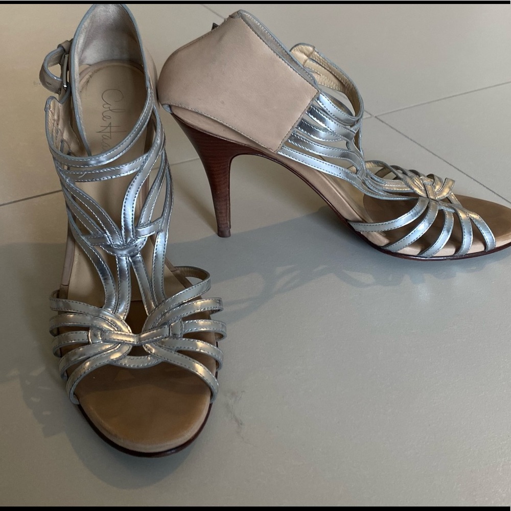 Cole Hann silver and tan heels